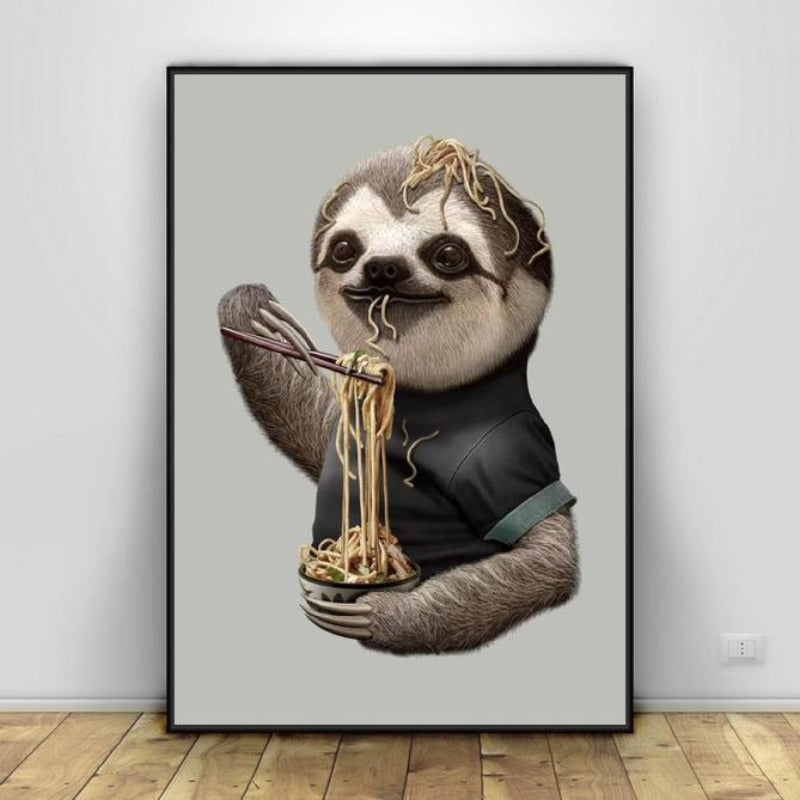 Sloth Eating Noodles - Canvas Wandkunst Schilderij