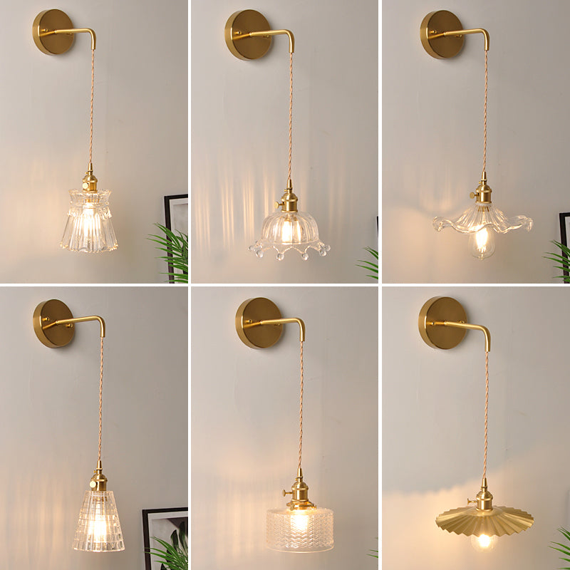 Bowl/Cylinder Nachttafel Wandverlichting Antiek Duidelijk Prisma/Golfglas 1 Gloeilamp Messing Wandlamp met Draaischakelaar