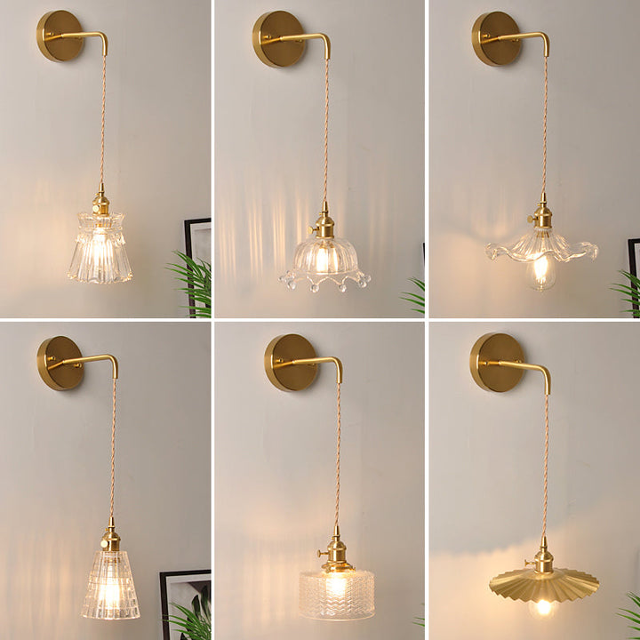 Bowl/Cylinder Nachttafel Wandverlichting Antiek Duidelijk Prisma/Golfglas 1 Gloeilamp Messing Wandlamp met Draaischakelaar