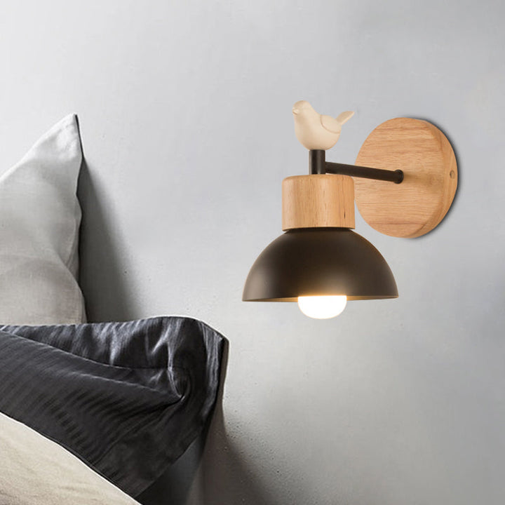 Nordic Style Wandlamp Dome 1 Gloeilamp Metaal & Hout met Vogel voor Kinderkamer