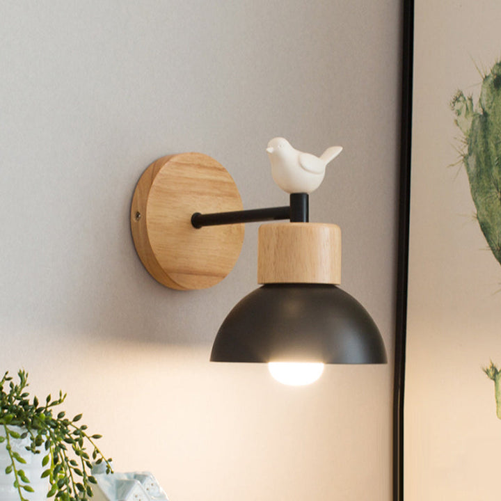 Nordic Style Wandlamp Dome 1 Gloeilamp Metaal & Hout met Vogel voor Kinderkamer