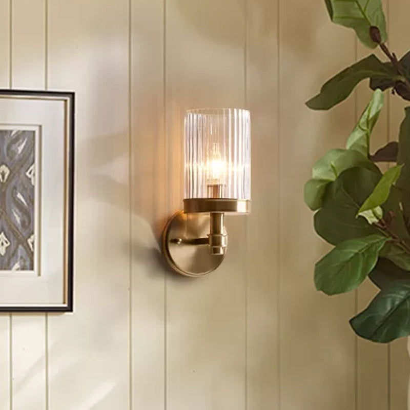1-Lichts Wandgemonteerde Lamp Traditionele Cilinder Transparant Glazen Wandlamp in Bruin/Goud boven Bed