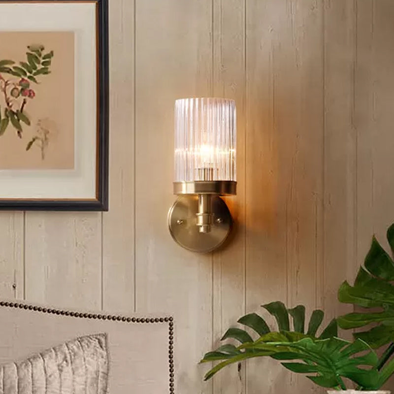 1-Lichts Wandgemonteerde Lamp Traditionele Cilinder Transparant Glazen Wandlamp in Bruin/Goud boven Bed