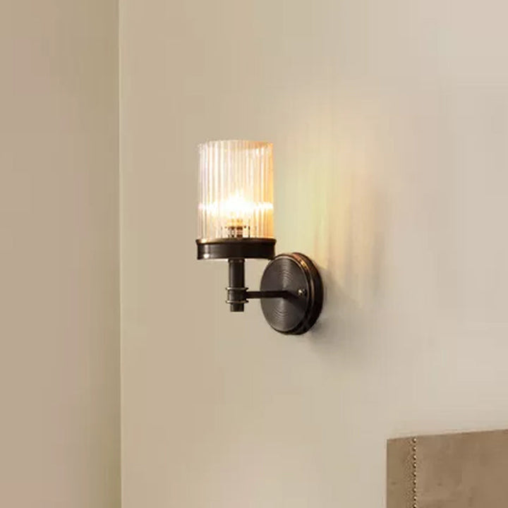 1-Lichts Wandgemonteerde Lamp Traditionele Cilinder Transparant Glazen Wandlamp in Bruin/Goud boven Bed