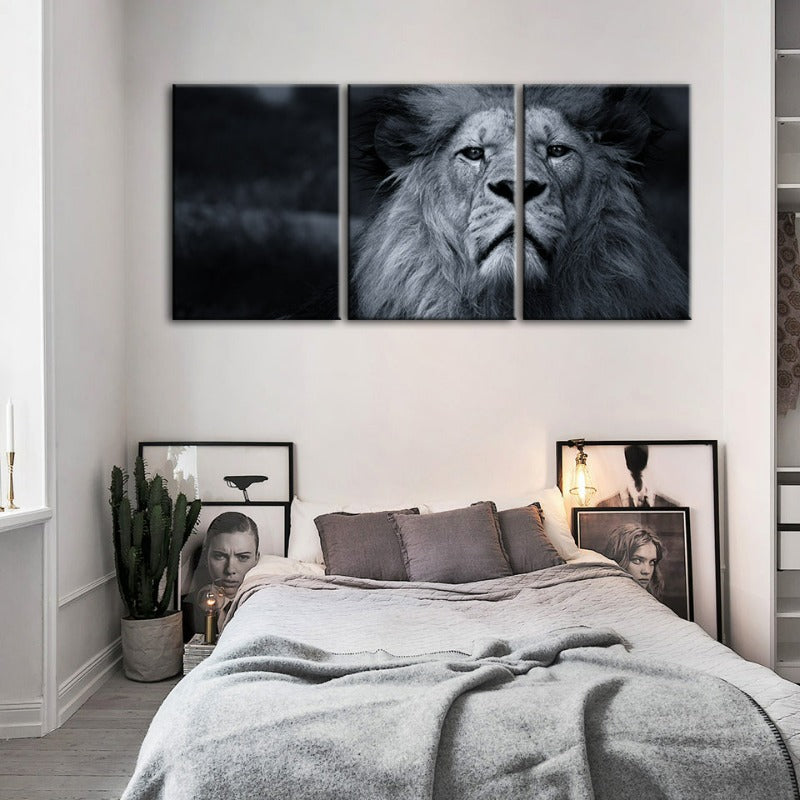 Grijs Schaal Bezorgde Leeuw Canvas Muurkunst Schilderij 3 Stukken