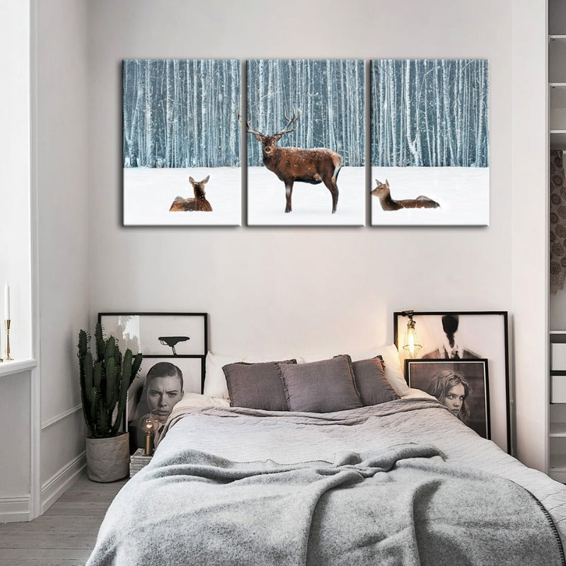 Twee herten en een doe in de winter - Canvas wandkunst schilderij 3 stukken
