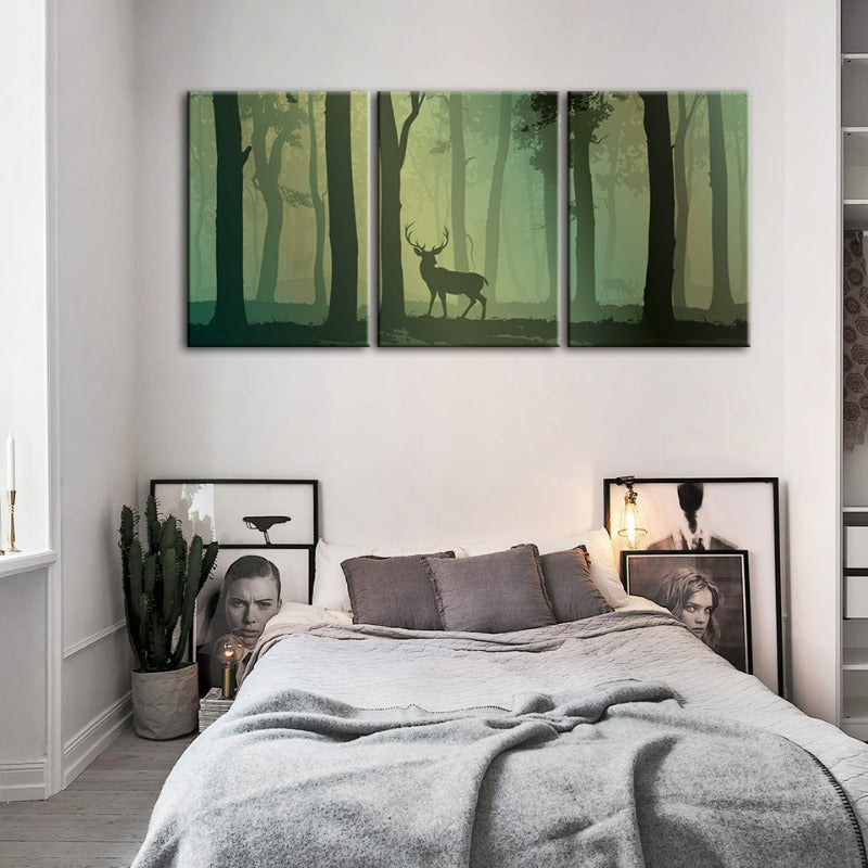 Betoverde Groene Tint Geshilhouetteerd Hert Canvas Muurkunst Schilderij 3 Stukken