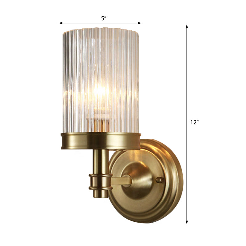 Cilinder Wandlamp Vintage Stijlvol Helder Geribbeld Glas 1 Peertje Zwart/Gouden Afwerking Wandlamp voor de Woonkamer
