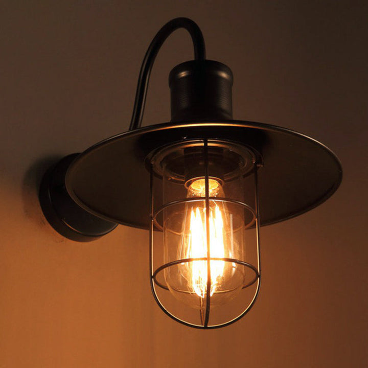 Zwarte conische wandlamp industriële metalen 1 lichtkop ganggoosnekwandlamp met kooi
