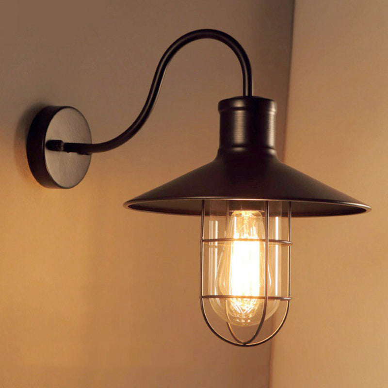 Zwarte conische wandlamp industriële metalen 1 lichtkop ganggoosnekwandlamp met kooi