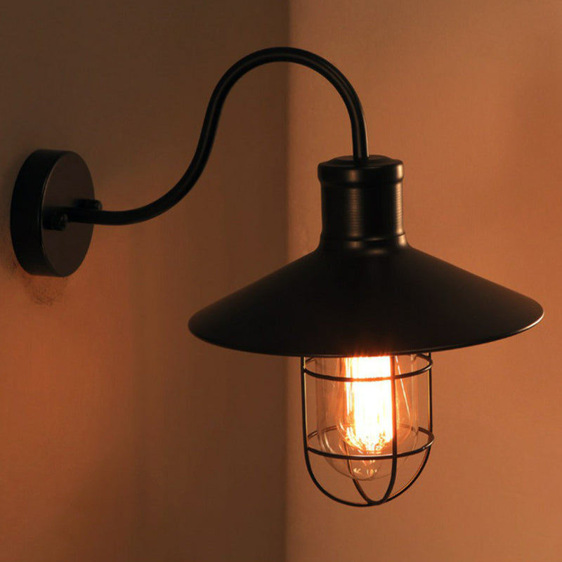 Zwarte conische wandlamp industriële metalen 1 lichtkop ganggoosnekwandlamp met kooi