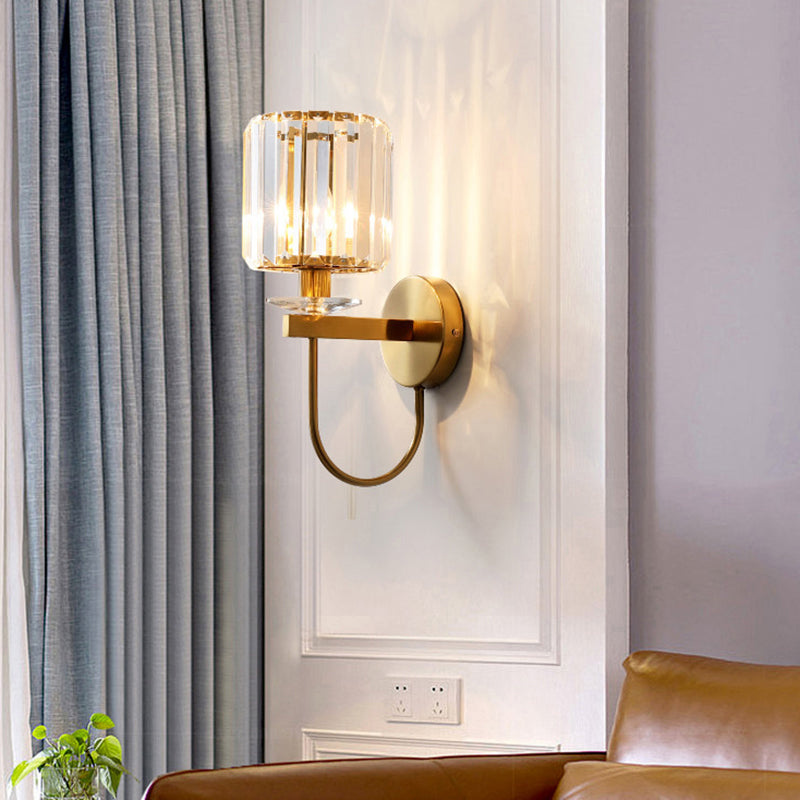 Cylindrische Kristallen Wandlamp Postmodern 1 Hoofdzakelijke Gouden Afwerking Wandlamp met Gebogen Arm