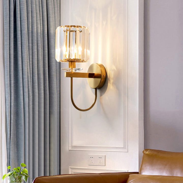 Cylindrische Kristallen Wandlamp Postmodern 1 Hoofdzakelijke Gouden Afwerking Wandlamp met Gebogen Arm