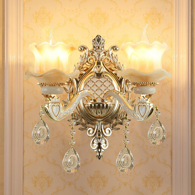 Jade Wandschakel Traditionele Beige Bloemen Hal Wandschakel met Kristallen Pendant