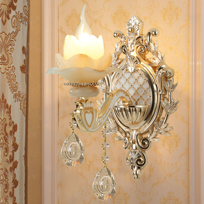 Jade Wandschakel Traditionele Beige Bloemen Hal Wandschakel met Kristallen Pendant