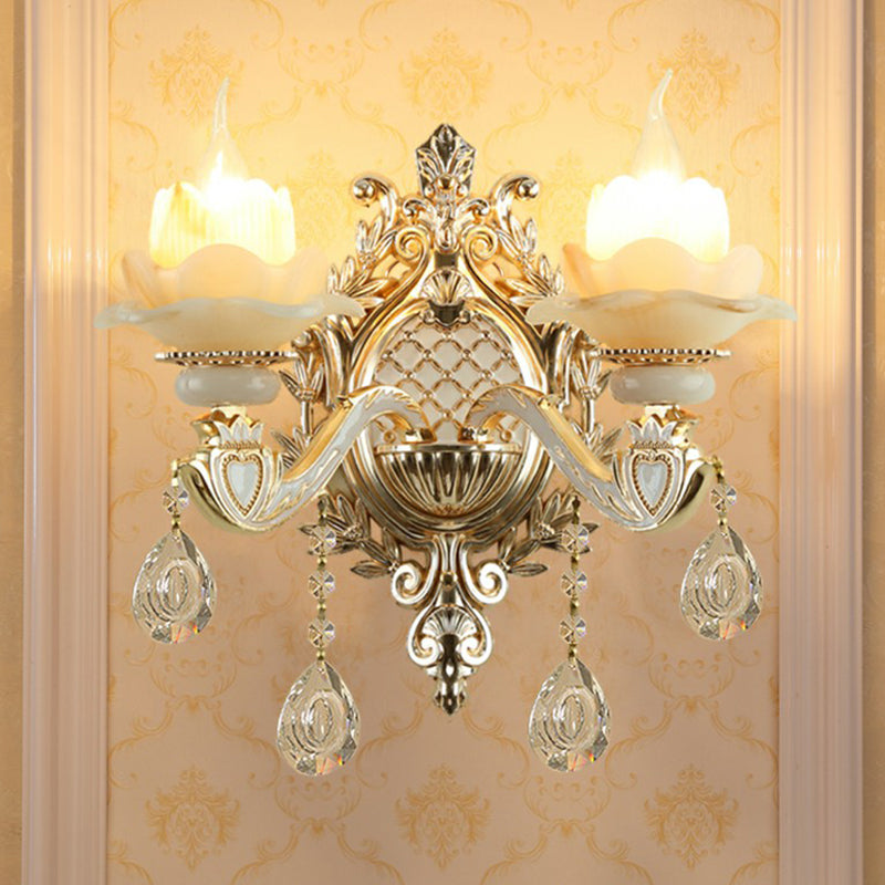 Jade Wandschakel Traditionele Beige Bloemen Hal Wandschakel met Kristallen Pendant