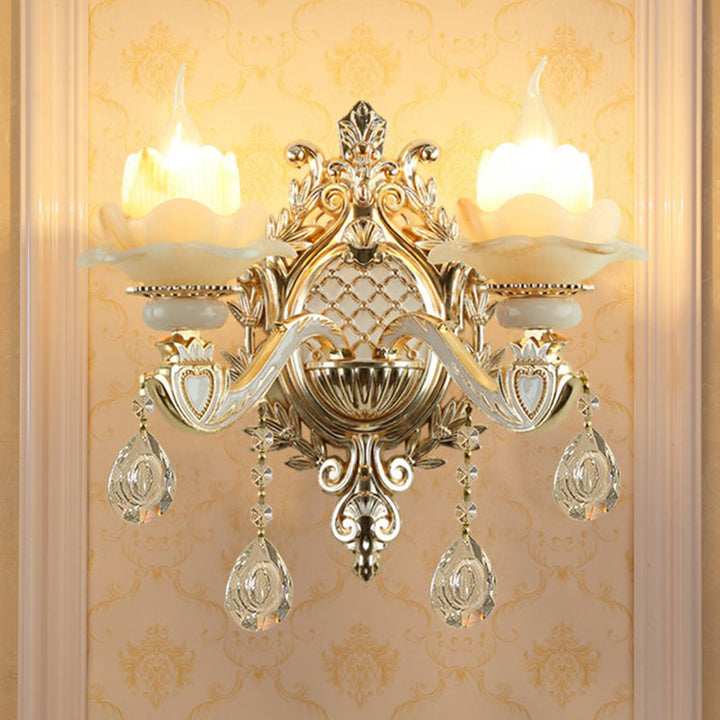 Jade Wandschakel Traditionele Beige Bloemen Hal Wandschakel met Kristallen Pendant
