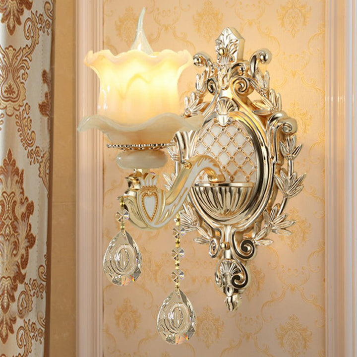 Jade Wandschakel Traditionele Beige Bloemen Hal Wandschakel met Kristallen Pendant