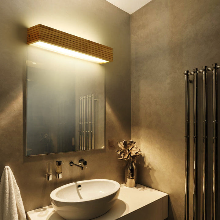 Gelaagd houten rechthoekige wandlamp minimalistisch beige LED wandlamp boven bed