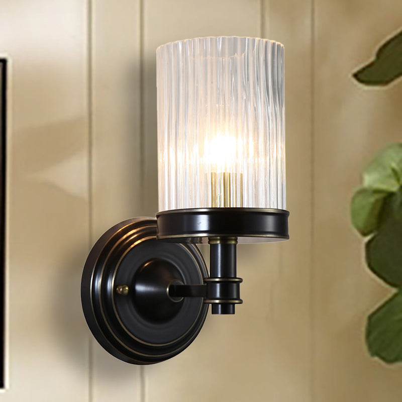 Cilinder Wandlamp Vintage Stijlvol Helder Geribbeld Glas 1 Peertje Zwart/Gouden Afwerking Wandlamp voor de Woonkamer