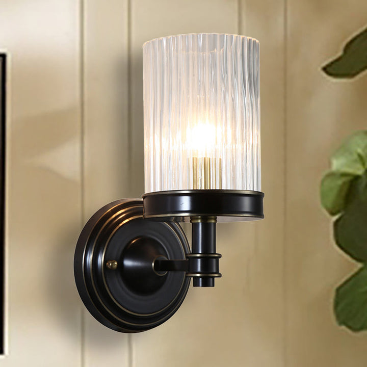Cilinder Wandlamp Vintage Stijlvol Helder Geribbeld Glas 1 Peertje Zwart/Gouden Afwerking Wandlamp voor de Woonkamer