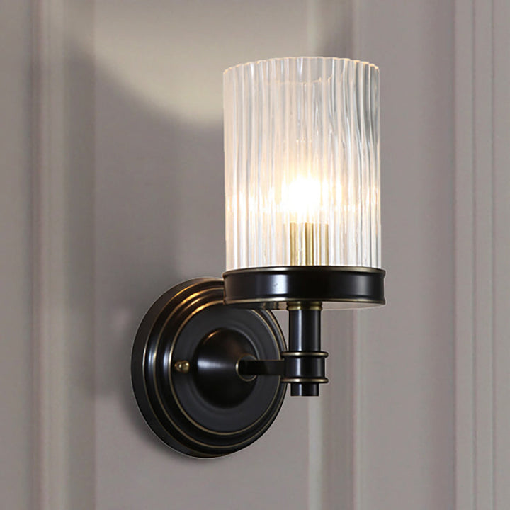 Cilinder Wandlamp Vintage Stijlvol Helder Geribbeld Glas 1 Peertje Zwart/Gouden Afwerking Wandlamp voor de Woonkamer