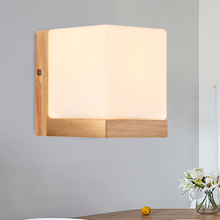 Hotel Restaurant Cube Wandlamp Opal Glas Hout 1 Licht Japanse Stijl Witte Wandlamp