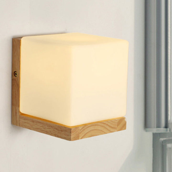 Hotel Restaurant Cube Wandlamp Opal Glas Hout 1 Licht Japanse Stijl Witte Wandlamp