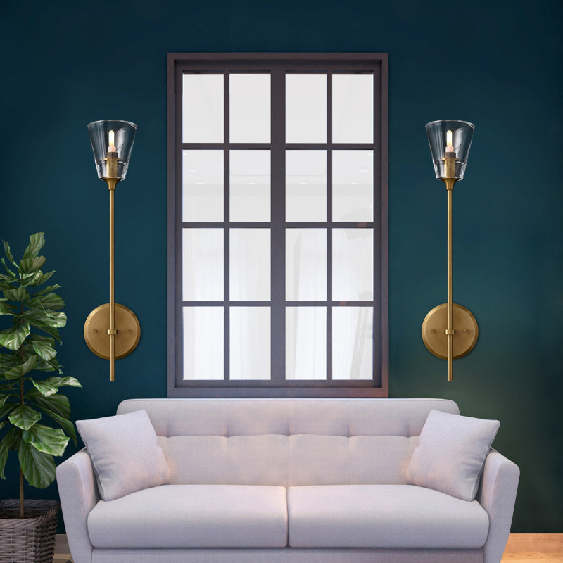 Zwart/Messing-Finish Bleistiftarm Wandlamp Vintage Metaal 1/2 Gloeilampen Wandlamp met heldere conische glas-schaduw