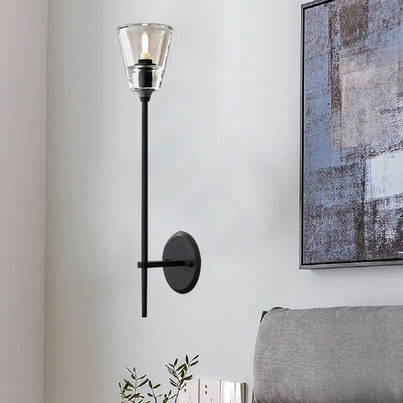 Zwart/Messing-Finish Bleistiftarm Wandlamp Vintage Metaal 1/2 Gloeilampen Wandlamp met heldere conische glas-schaduw