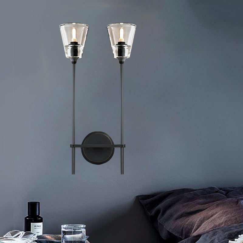 Zwart/Messing-Finish Bleistiftarm Wandlamp Vintage Metaal 1/2 Gloeilampen Wandlamp met heldere conische glas-schaduw