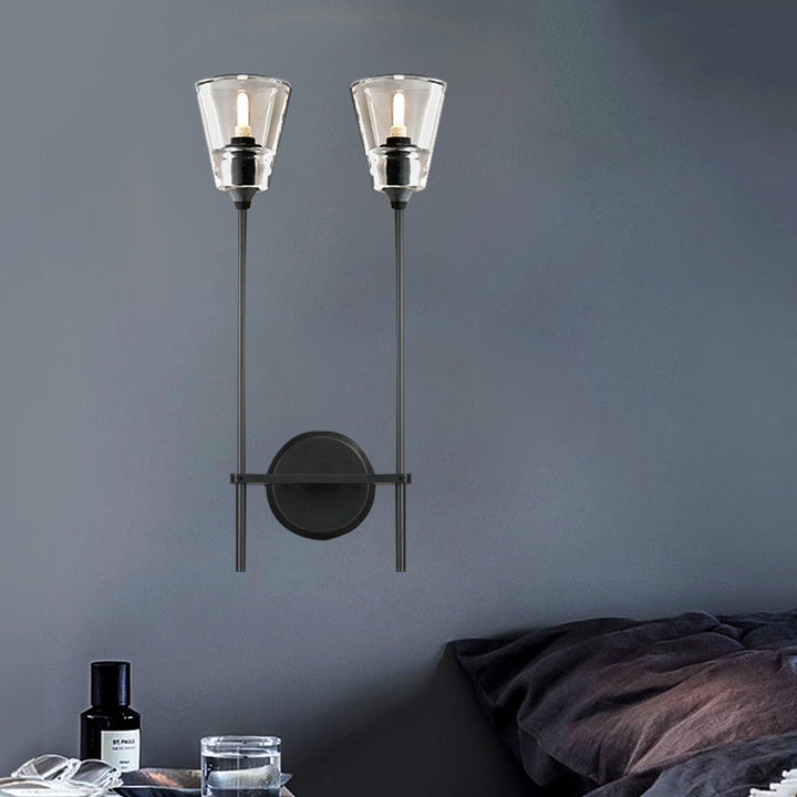 Zwart/Messing-Finish Bleistiftarm Wandlamp Vintage Metaal 1/2 Gloeilampen Wandlamp met heldere conische glas-schaduw