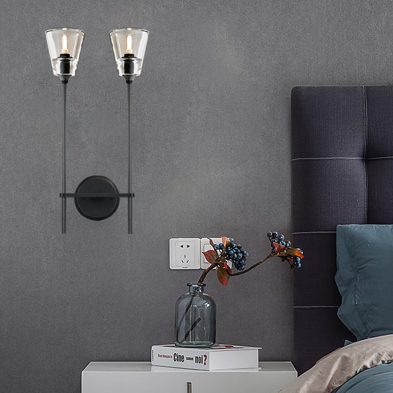 Zwart/Messing-Finish Bleistiftarm Wandlamp Vintage Metaal 1/2 Gloeilampen Wandlamp met heldere conische glas-schaduw