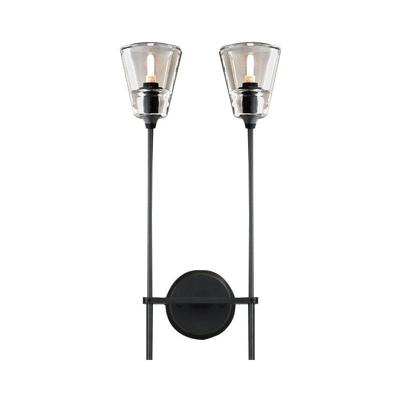 Zwart/Messing-Finish Bleistiftarm Wandlamp Vintage Metaal 1/2 Gloeilampen Wandlamp met heldere conische glas-schaduw
