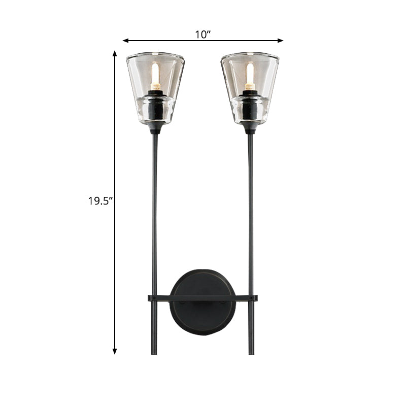 Zwart/Messing-Finish Bleistiftarm Wandlamp Vintage Metaal 1/2 Gloeilampen Wandlamp met heldere conische glas-schaduw