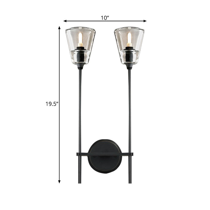 Zwart/Messing-Finish Bleistiftarm Wandlamp Vintage Metaal 1/2 Gloeilampen Wandlamp met heldere conische glas-schaduw