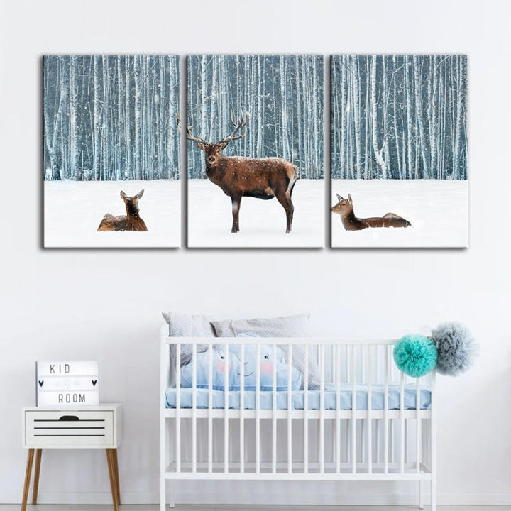 Twee herten en een doe in de winter - Canvas wandkunst schilderij 3 stukken