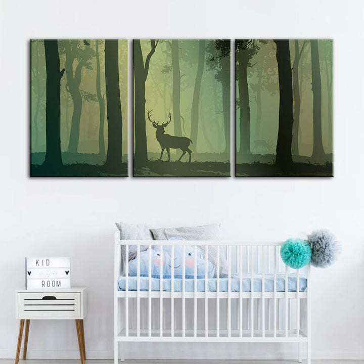 Betoverde Groene Tint Geshilhouetteerd Hert Canvas Muurkunst Schilderij 3 Stukken