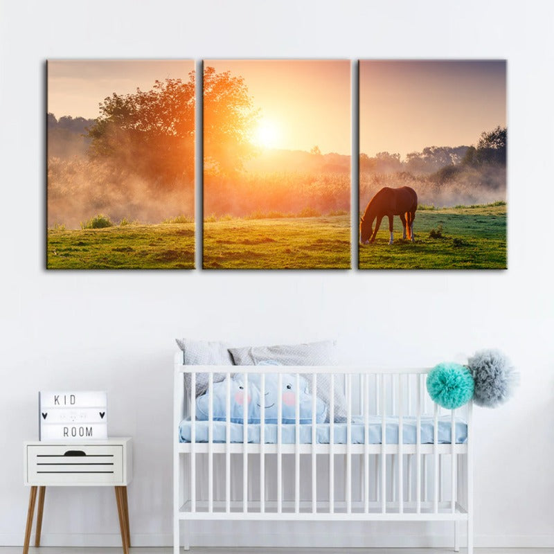 Zonsopgang Grazen Paard-Canvas Wandkunst Schilderij 3 Stukken