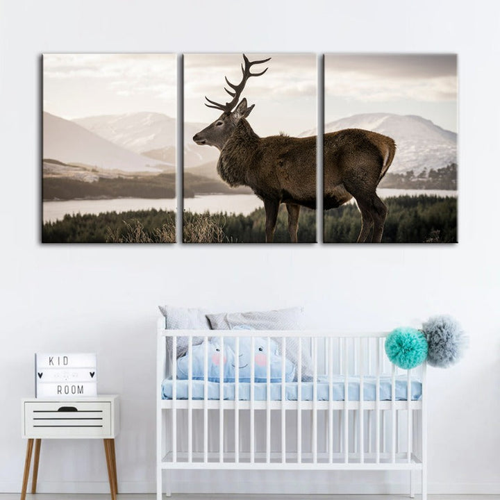 Somber Winter Hert-Canvas Wandkunst Schilderij 3 Delen