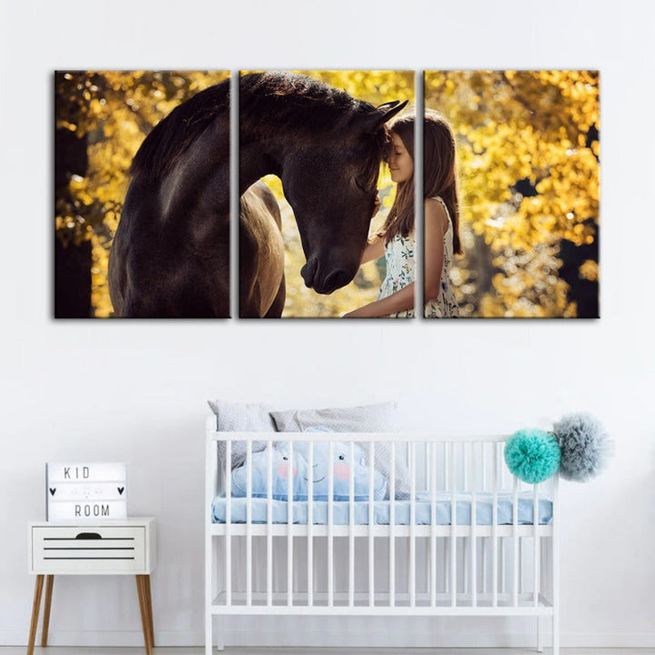 Vriendschap tussen een meisje en een paard - Canvas wandkunst schilderij 3 delen