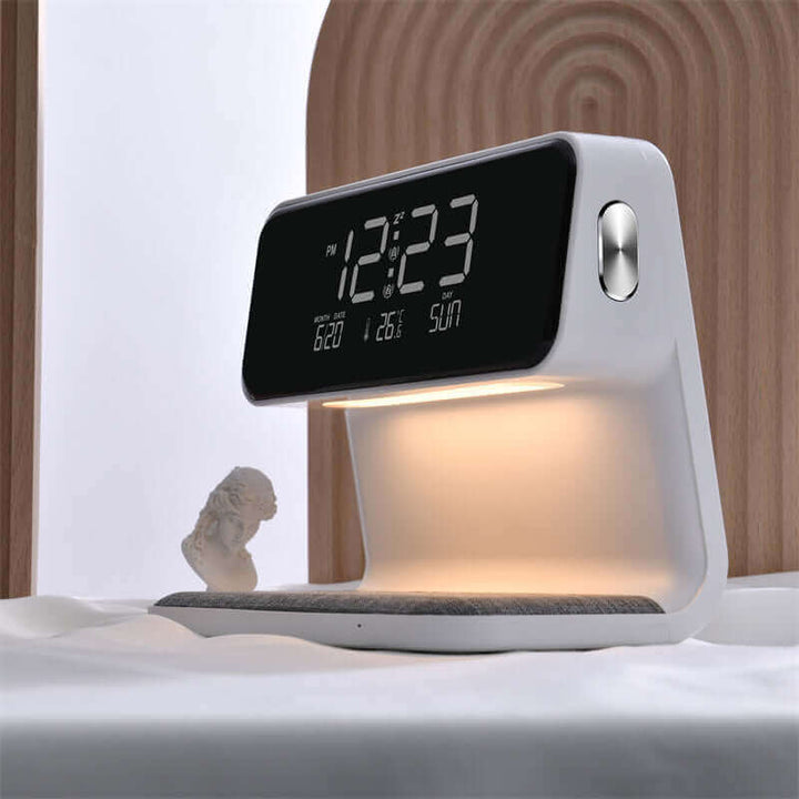 Kreative 3 In 1 Nachttafellamp Draadloos Opladen LCD-Scherm Wecker Draadloos Telefoonladestation