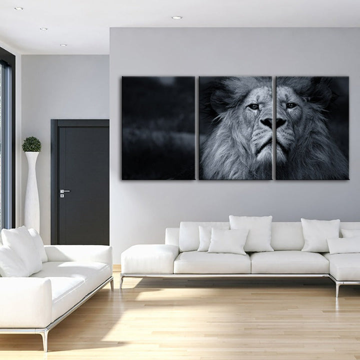 Grijs Schaal Bezorgde Leeuw Canvas Muurkunst Schilderij 3 Stukken