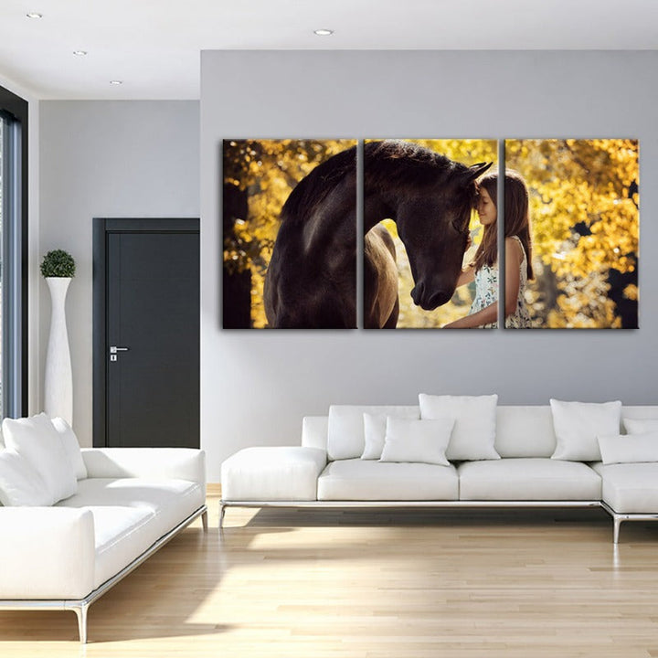Vriendschap tussen een meisje en een paard - Canvas wandkunst schilderij 3 delen
