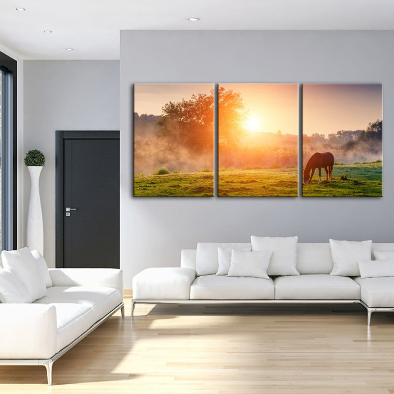 Zonsopgang Grazen Paard-Canvas Wandkunst Schilderij 3 Stukken