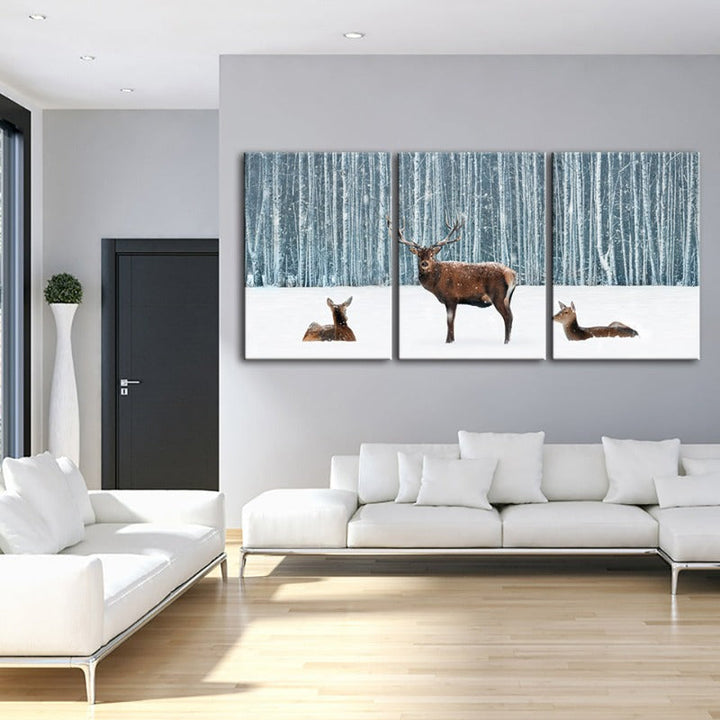 Twee herten en een doe in de winter - Canvas wandkunst schilderij 3 stukken