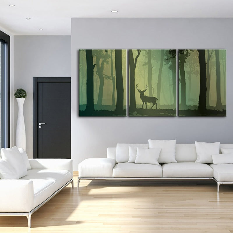 Betoverde Groene Tint Geshilhouetteerd Hert Canvas Muurkunst Schilderij 3 Stukken
