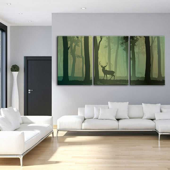 Betoverde Groene Tint Geshilhouetteerd Hert Canvas Muurkunst Schilderij 3 Stukken