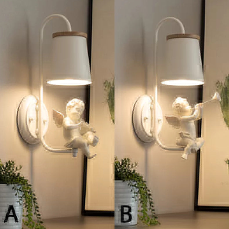 Witte Kleine Engel Wandlamp met Emmer Schaduw 1 Hoofd Metaal Wandlamp voor de Woonkamer