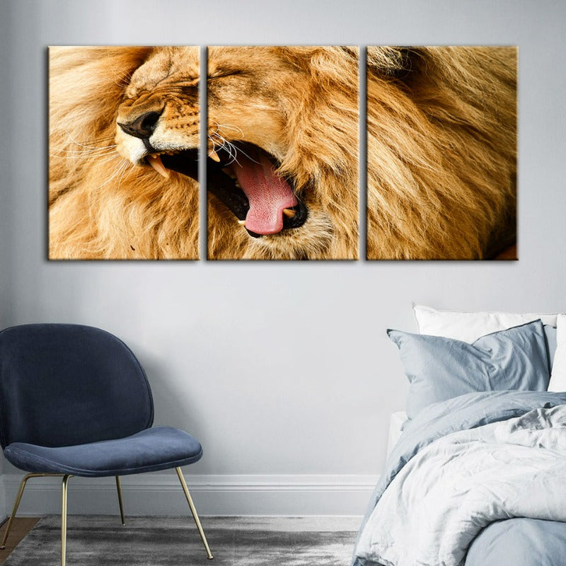 Wütender Löwenbrüll-Canvas Wandkunst Schilderij 3 Delen